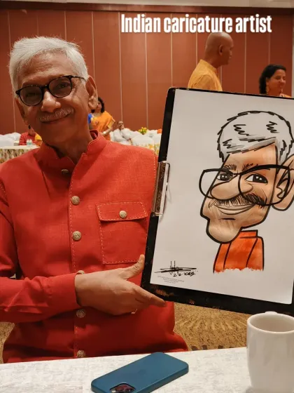A distinguished guest with his caricature at a Hyatt wedding. My live art is a sophisticated yet fun addition to any formal event.