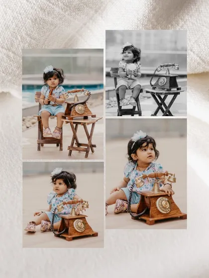 A stylish collage featuring a baby girl with a vintage telephone, mixing color and black-and-white shots for an artistic effect.