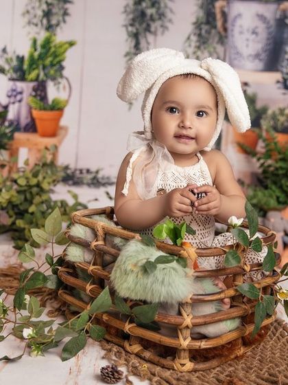 Another angle of my sweet bunny girl in her basket. The soft, natural light highlights her delicate features and the beautiful textures of the set.