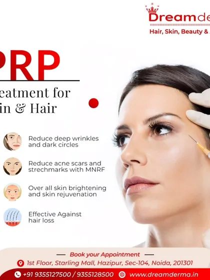 This graphic details the benefits of PRP treatment for skin and hair. It is effective against hair loss and can reduce wrinkles, dark circles, and acne scars, making it a versatile regenerative therapy.