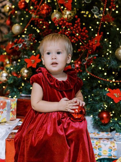 A little girl in a red velvet dress, holding an ornament. The rich colors and her thoughtful expression are beautiful.