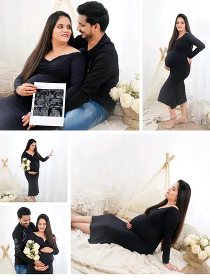 A collage of beautiful moments from an indoor maternity session. It shows a variety of poses, from solo portraits to couple shots, all in a classic black dress.