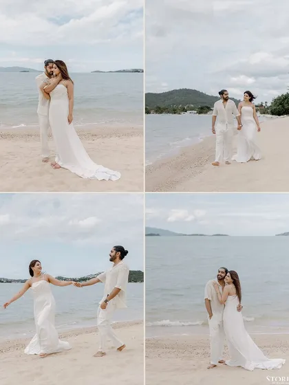 A collage of the couple in all-white outfits, walking and dancing on the sand.
