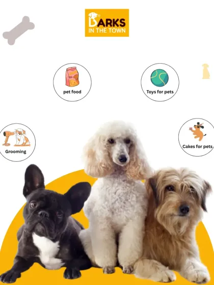 We are more than just a grooming salon. This graphic shows we are a one-stop shop for pet food, toys, cakes, and of course, grooming services.