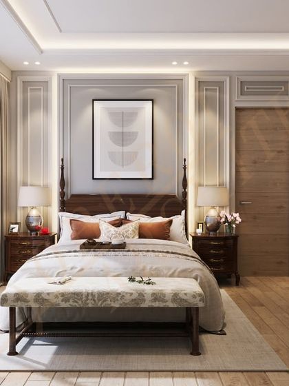 A classic bedroom design with four-poster bed, elegant wall molding, and a warm wooden floor. The space feels timeless, comfortable, and sophisticated.