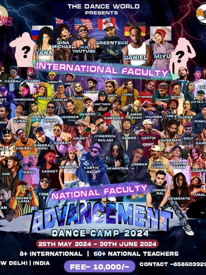 Another version of the Advancement Dance Camp poster. The camp offers daily training, video shoots, showcases, and career guidance.