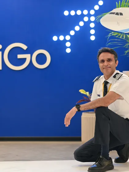 This branding portrait for an IndiGo pilot combines the professional's uniform with the company's distinct branding. The goal was to create an image that feels authentic to both the individual and the corporation they represent.