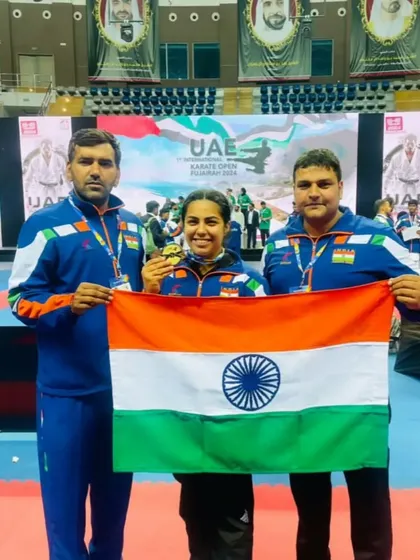 With one of our athletes after her victory at the UAE Open International Karate Championships. A proud moment for her and for Team India.