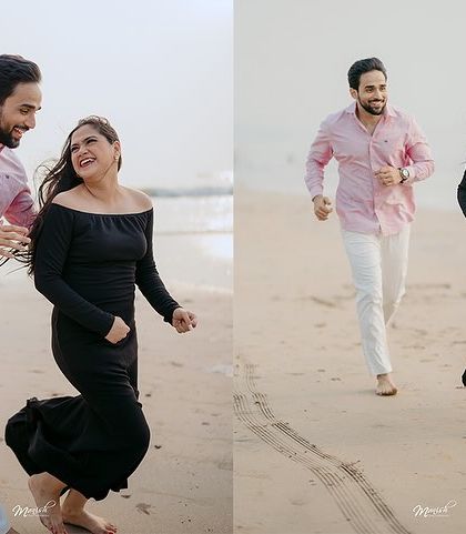 Running freely on the beach, this candid series captures the couple's playful energy and carefree love.