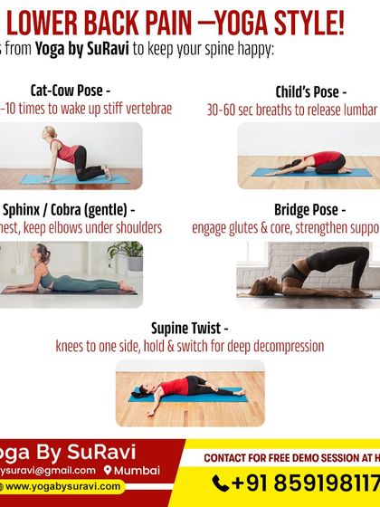 This visual guide demonstrates five yoga poses to ease lower back pain, including gentle options like Sphinx/Cobra and Supine Twist for deep decompression.