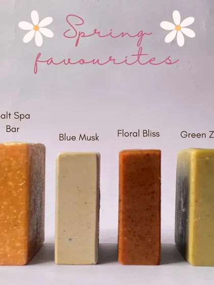 A lineup of our spring favorites. This collection includes the Salt Spa Bar, Blue Musk, Floral Bliss, and Green Zest, each offering unique benefits for different skin types.