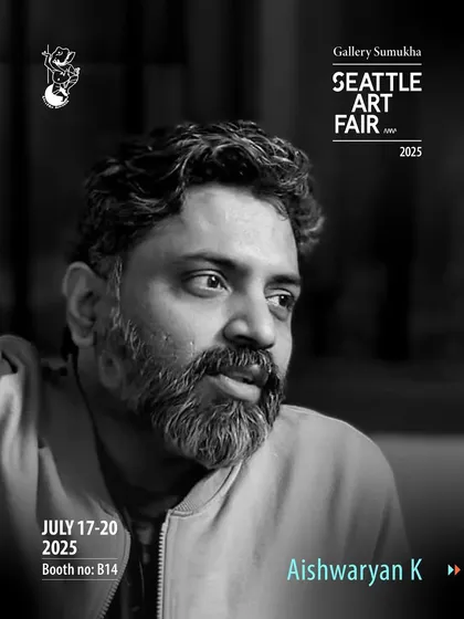 The artist announcement for Aishwaryan K for the Seattle Art Fair, featuring his portrait.