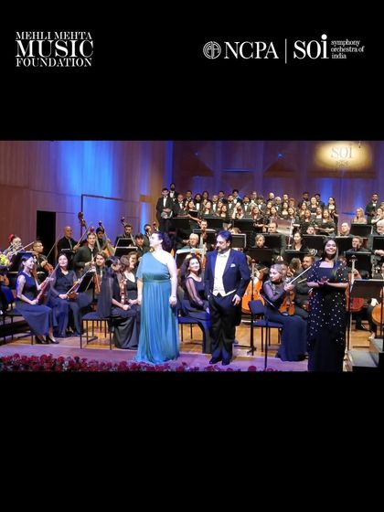 The cast of vocal soloists on stage with the Symphony Orchestra of India and The Singing Tree choir at the Opera Gala.