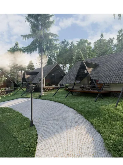 A render of the resort pathway, illustrating how guests would move through the property. The design combines rustic materials with modern forms to create a unique and immersive hospitality experience.