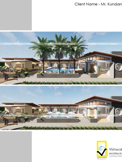 This side-by-side render shows two key perspectives of the Gharat Farm Stay. It helped visualize how the different parts of the resort would look and feel, from the grand entrance to the private poolside areas.