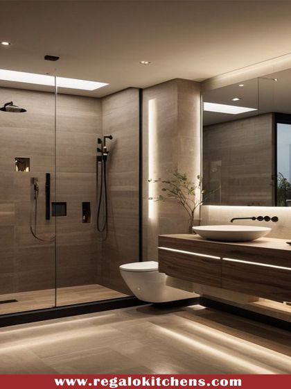 This vanity design uses a dark wood finish and warm under-cabinet lighting to create a cozy and inviting mood. The vessel sink adds a modern, sculptural element.