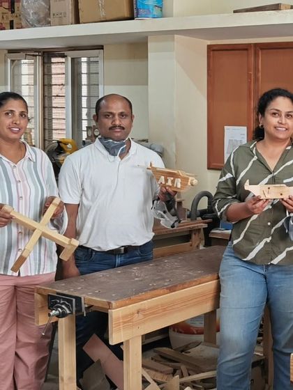 Another successful workshop weekend. This group made a variety of items, including wooden toy airplanes and a cross-lap joint planter stand.