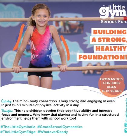 A smiling girl supports herself on the bars, building a strong, healthy foundation. Even short bursts of physical activity help develop cognitive ability, focus, and memory.