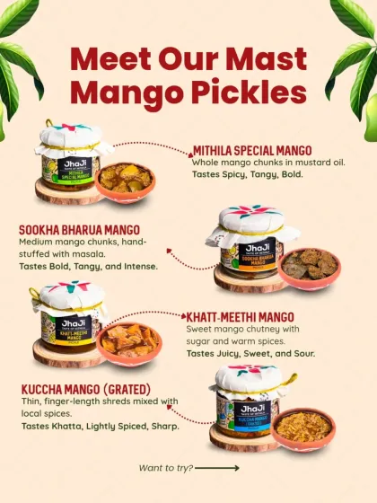 Mango pickle isn't just one flavour. We make four distinct types, just like in our homes in Bihar. From the spicy, whole-chunk Mithila Special and the intensely tangy Sookha Bharua to the sweet Khatt-Meethi chutney and the sharp, grated Kuccha Mango, there is a traditional mango pickle for every palate.