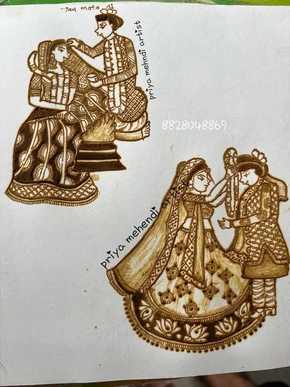 Bridal mehndi often tells the story of the wedding. Here are two examples of figurative work depicting wedding ceremonies, the varmala and the pheras. Learning to create these custom scenes is a skill that sets a professional artist apart.
