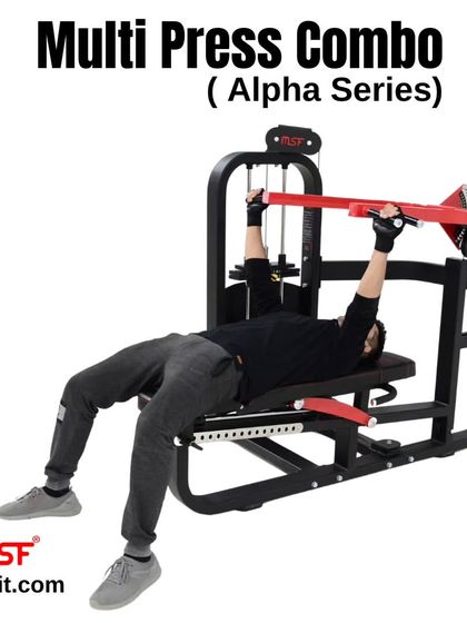 A user performing a flat chest press on the Multi-Press Combo.