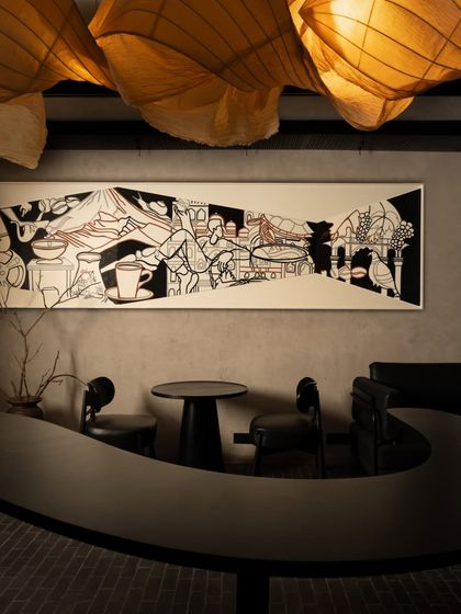 A panoramic canvas created for a coffee shop in Surat, tracing the soulful journey of coffee from bean to cup. The black and white line art with touches of red creates a sophisticated and narrative-rich atmosphere.