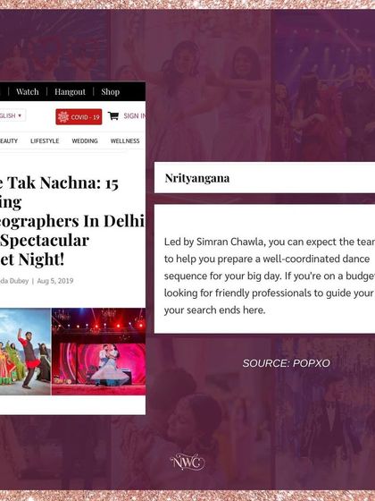 A feature in a Popxo article listing us as one of the top wedding choreographers in Delhi for a spectacular sangeet night.