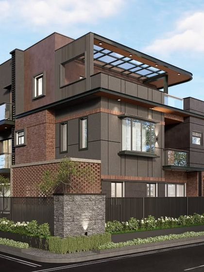 A render for our villa project at Prestige Great Acres. The facade design is contemporary, using a contrast of brick cladding and dark grey texture panels. The home is planned across three levels with a double-height living space.