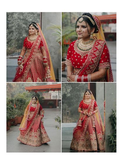 A collage of the bride, Payal, in her stunning red lehenga, capturing her from different angles and showcasing her complete bridal look.