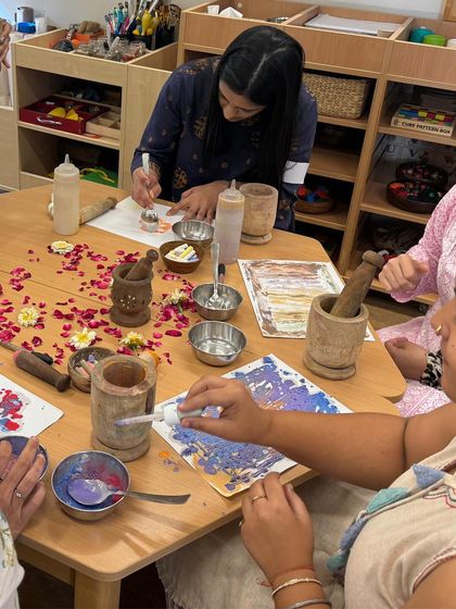 Our training programs are hands-on, allowing educators to experience process art for themselves. Here, participants use a mortar and pestle with natural materials like flower petals to create their own pigments, connecting them to sensory exploration.