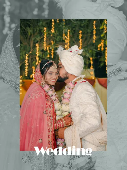 A collage showcasing the key moments of a 'dreamy wedding', centered around a beautiful kiss during the varmala ceremony.