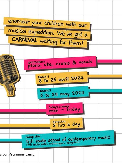 We've got a musical carnival waiting for your children! This graphic lays out the batches, schedule, and location for our camp, where kids learn piano, uke, drums, and vocals.