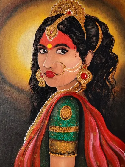 My portrayal of Maa Durga, painted with full devotion on canvas. I used rich acrylics to bring out her divine strength and grace, from the intricate jewelry to the powerful expression in her eyes. This is more than a painting; it's a prayer.