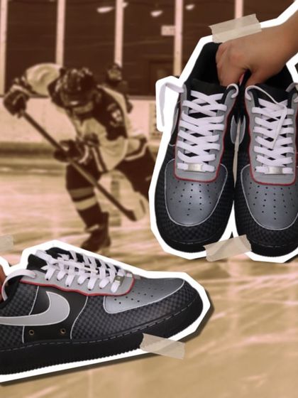 These ice hockey-themed Nike Air Force 1s are inspired by the look of hockey gear. The design features a carbon fiber-like checkered pattern, metallic silver, and hints of red for an athletic and cool aesthetic.
