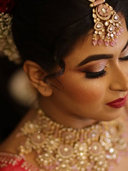 Another close-up of Srishti's bridal makeup, showing the detail of the glittery eyeshadow and perfectly applied lashes.