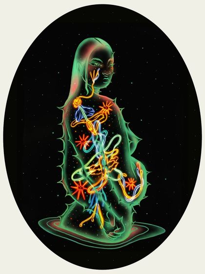 The 'Bioluminescence I' illustration presented in an oval format, reminiscent of a vintage portrait or specimen display, blending scientific observation with surrealism.