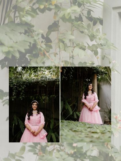 A collage of bridal portraits in a beautiful pink gown. The lush, dark green foliage of our gardens makes the color of the dress pop.