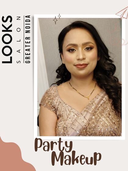 A front-facing view of this elegant party makeup. Her skin looks radiant and her eyes are subtly defined, making this a versatile look for any celebration.