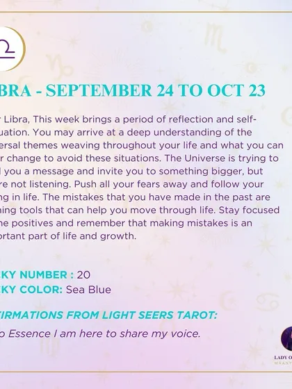This week's tarot reading for Libra. The reading brings a period of reflection and self-evaluation. Push all your fears away and follow your calling in life.
