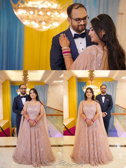 A collage of the couple's portraits from their engagement, showing both full-length and close-up shots.