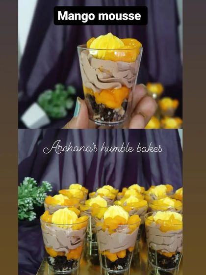 My Mango Mousse dessert cups are a seasonal favorite. They feature layers of chocolate crumble, rich chocolate mousse, and fresh mango chunks, creating a perfect blend of flavors.