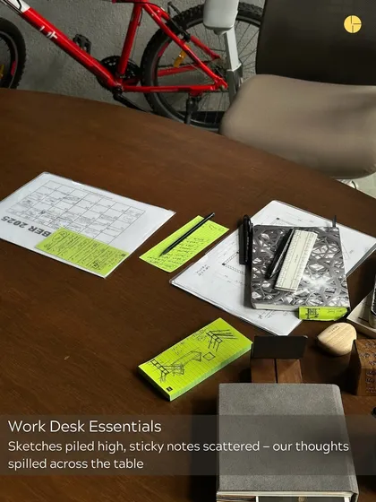 Work desk essentials at The Loft. Sketches piled high, sticky notes scattered about, our thoughts spilled across the table.