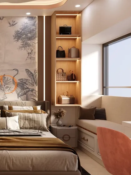 This bedroom showcases a cozy window-side seating nook and built-in wooden shelving for displaying a luxury handbag collection.