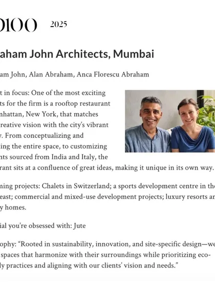 Our feature in the AD100 2025 list, highlighting our rooftop restaurant project in Manhattan and our philosophy of creating spaces that harmonize with their surroundings.