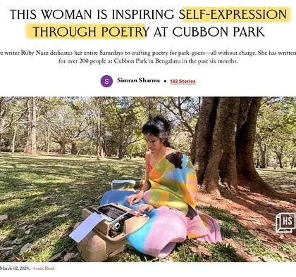 I was so grateful to be featured by HerStory for my work in Cubbon Park. My mission is simple: to use poetry as a tool for self-expression. This article beautifully captured the essence of why I believe we all have a 'Right to Express'.