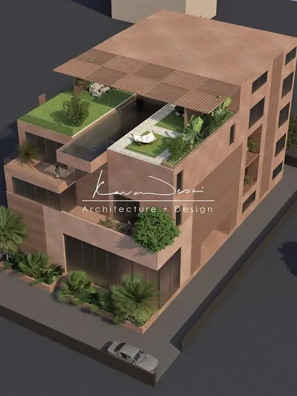 An aerial perspective of a multi-level modern residence. You can see how the private terraces and rooftop garden with a pool are designed as distinct zones, offering different experiences on each floor.