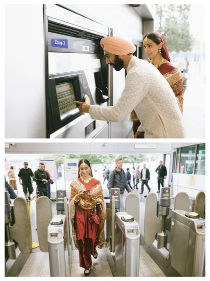 A collage showing Shaan and Shubham navigating the London Tube system in their wedding attire. From buying tickets to passing through the gates, it’s a documentary of their unique post-wedding journey.