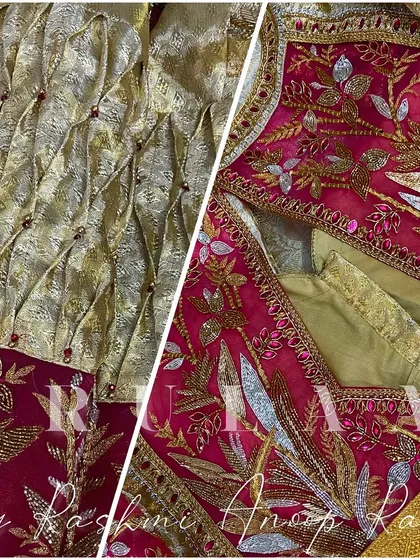 This bespoke bridal blouse combines two different techniques: intricate floral embroidery on the back and sleeves, and textured smocking with bead accents on the front, creating a rich and multi-dimensional look.