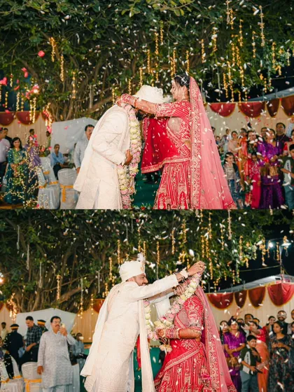A two-part image showing the fun and competitive spirit of the varmala exchange, a classic Indian wedding moment.