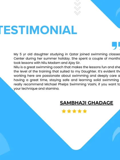 "Nilu is a great swimming coach that makes the lessons fun." We're thrilled that Sambhaji's daughter, visiting from Qatar, had a great experience improving her technique and stamina with us.